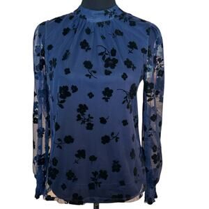 New ~ DR2 ~ Women's Blue Floral Overlay Lace Long Sleeve Blouse Top Size XS